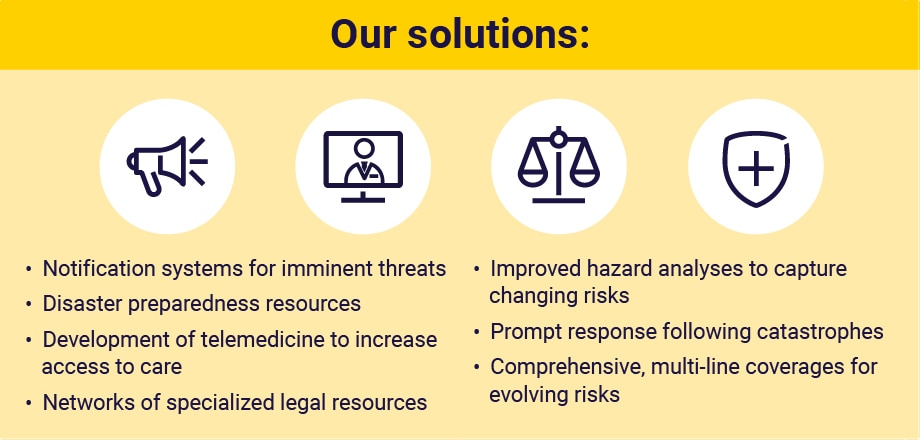 Our solutions: •	Notification systems for imminent threats
•	Disaster preparedness resources
•	Development of telemedicine to increase access to care
•	Networks of specialized legal resources

