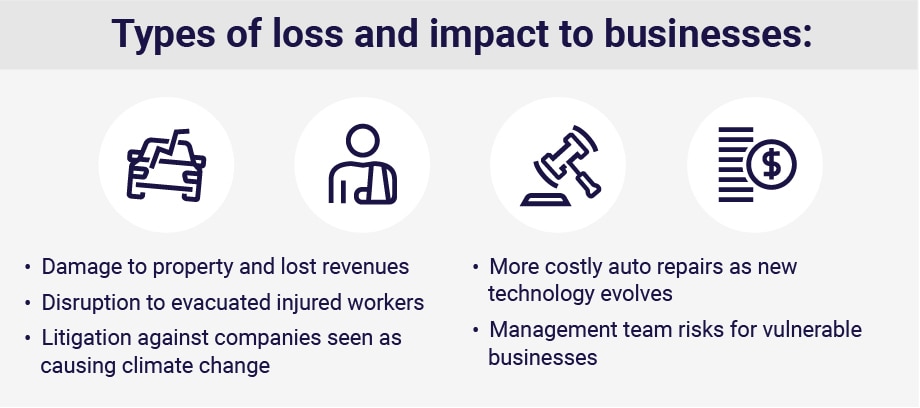 Types of loss and impact to businesses: 
•	Damage to property and lost revenues
•	Disruption to evacuated injured workers
•	Litigation against companies seen as causing climate change

